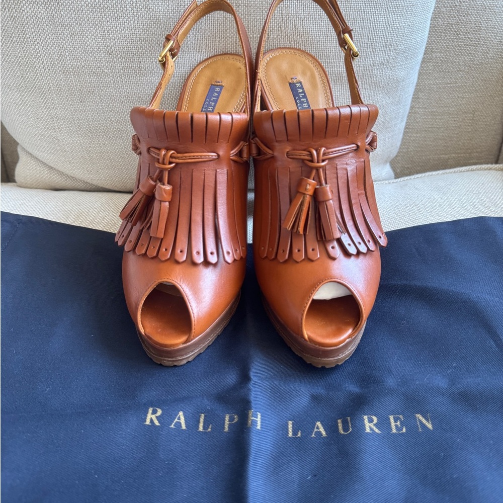 LIKE NEW condition Ralph Lauren Women's Peep-Toe Fringe Mule High Heel Sandal